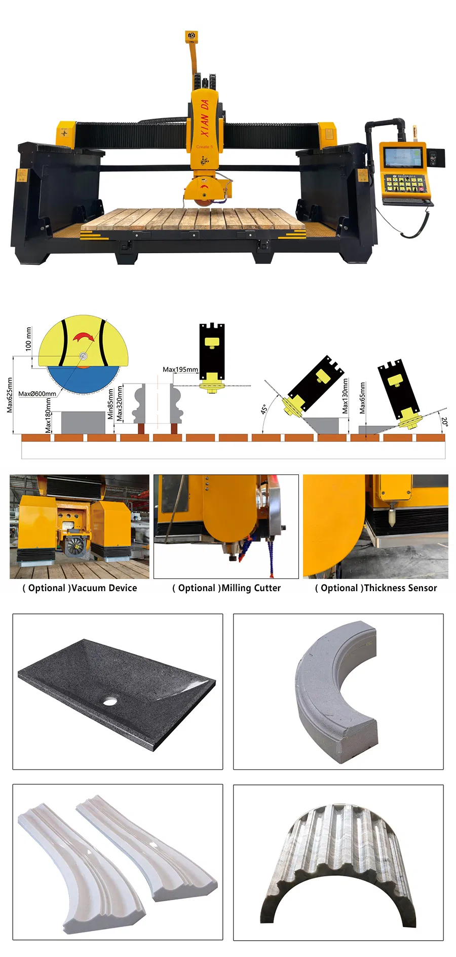 آلة قطع بمنشار جسري CNC بخمسة محاور مع طاولة عمل 3400x2000 مم ودوران رأس 0&deg;-360&deg; للجرانيت والرخام 0